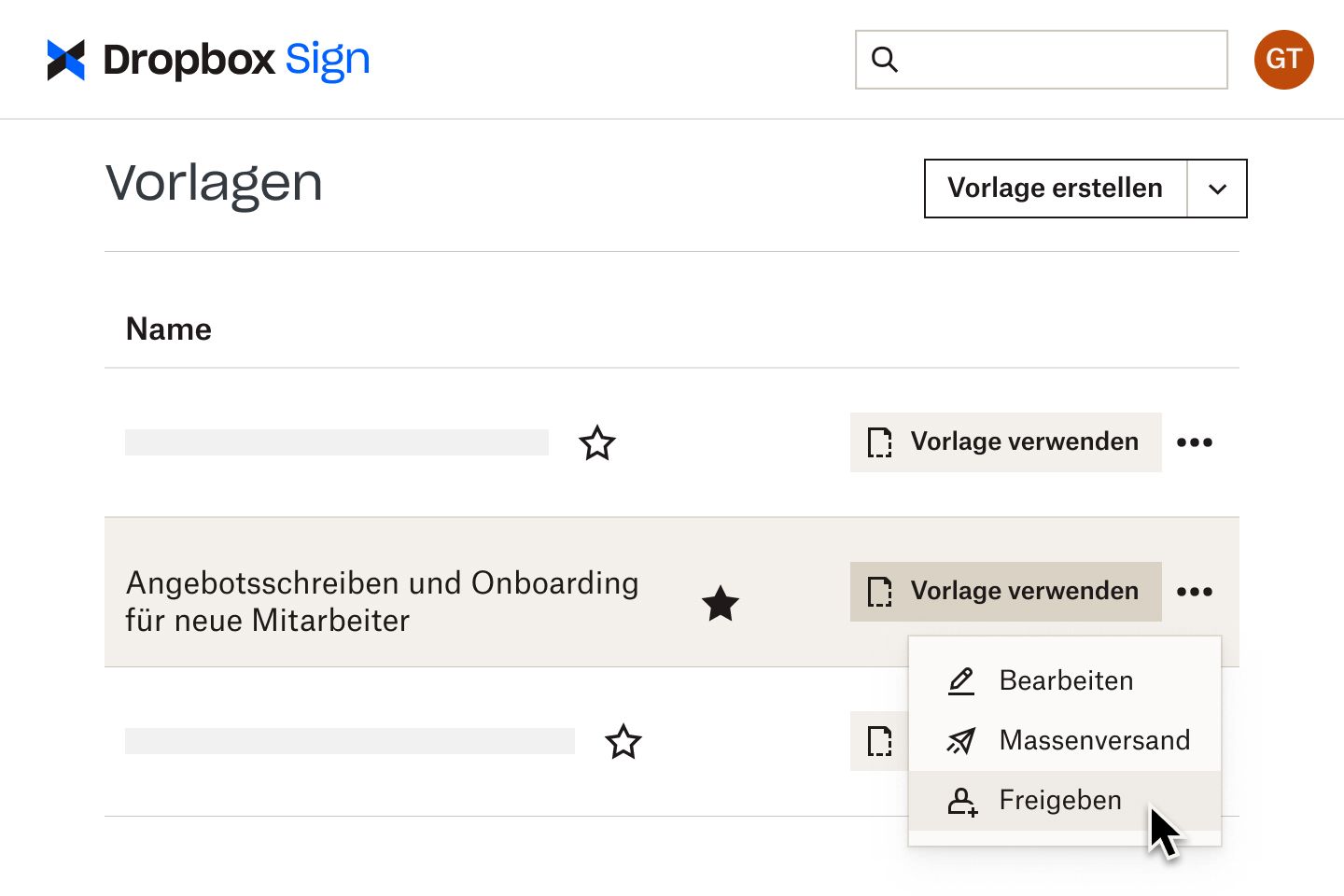 Ein Nutzer, der in Dropbox Sign auf die Schaltfläche „Teilen“ für eine Onboarding-Vorlage klickt