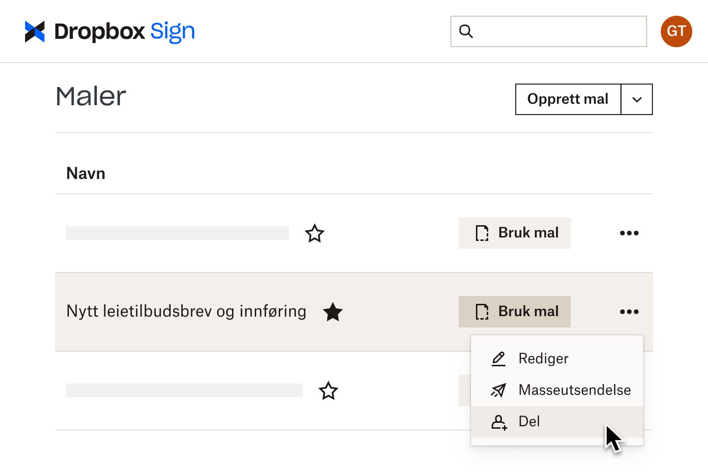 HelloSign-malsiden med tre dokumentmaler klare til bruk. En markør svever over den første.