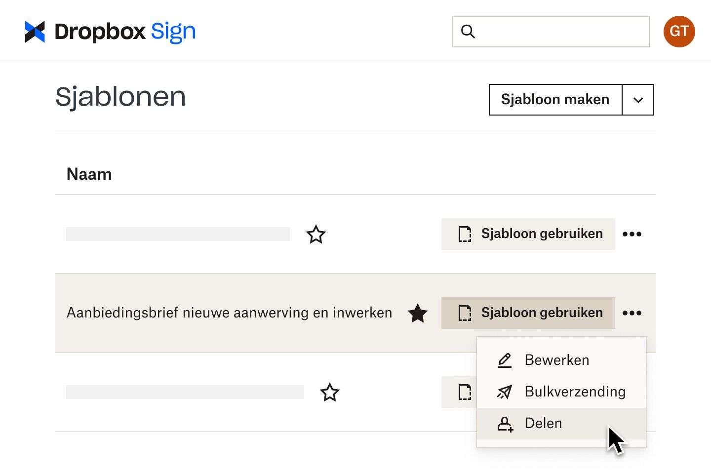 Een gebruiker die klikt op een knop 'delen' voor een onboarding-sjabloon in Dropbox Sign