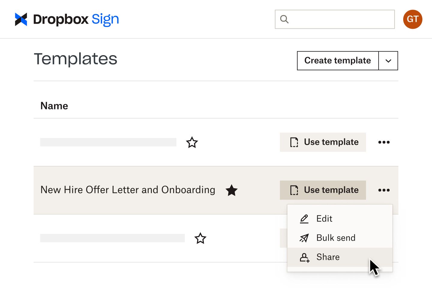 A user clicking on a ‘share’ button for an onboarding template in Dropbox Sign