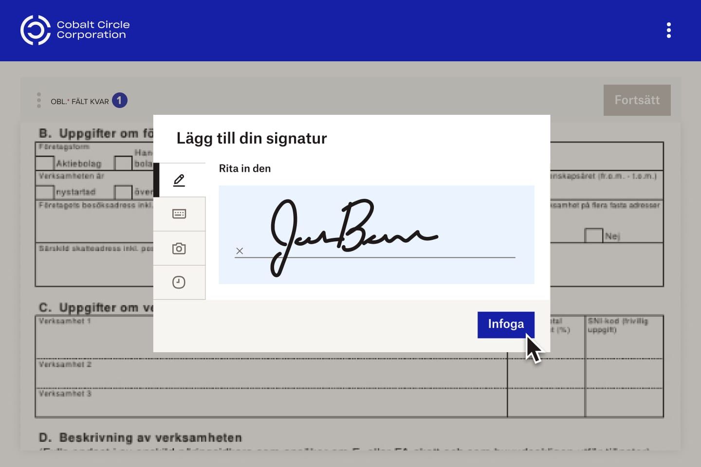 Någon infogar sin e-signatur i ett dokument