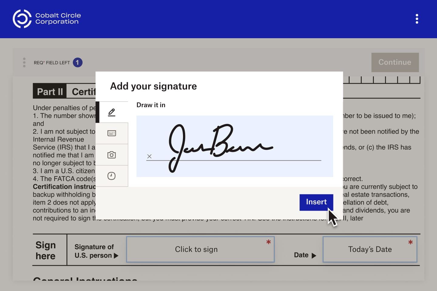 Someone inserts their eSignature into a document
