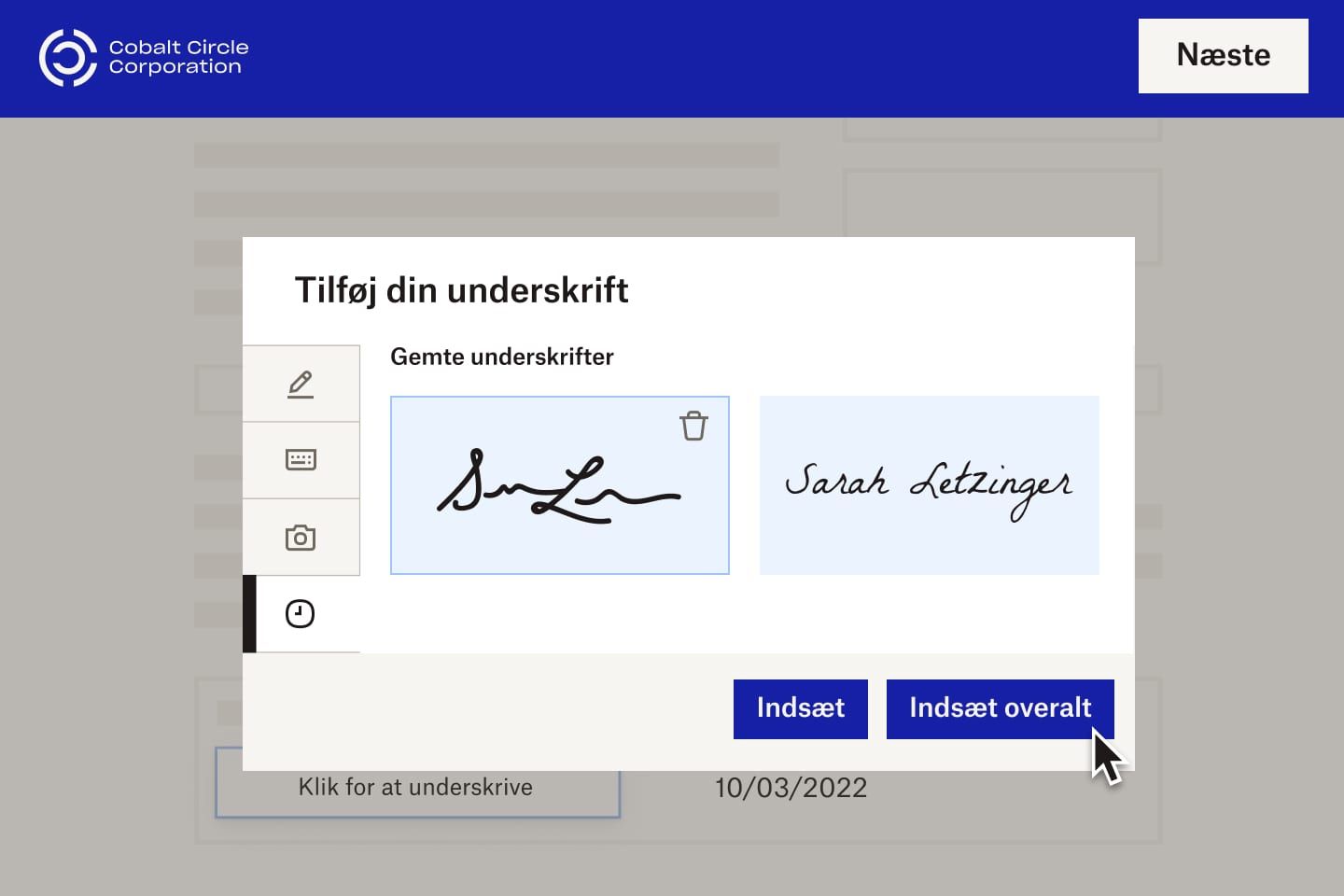 En ny medarbejder hos Cobalt Circle Corporation indsætter en e-signatur i et digitalt dokument.