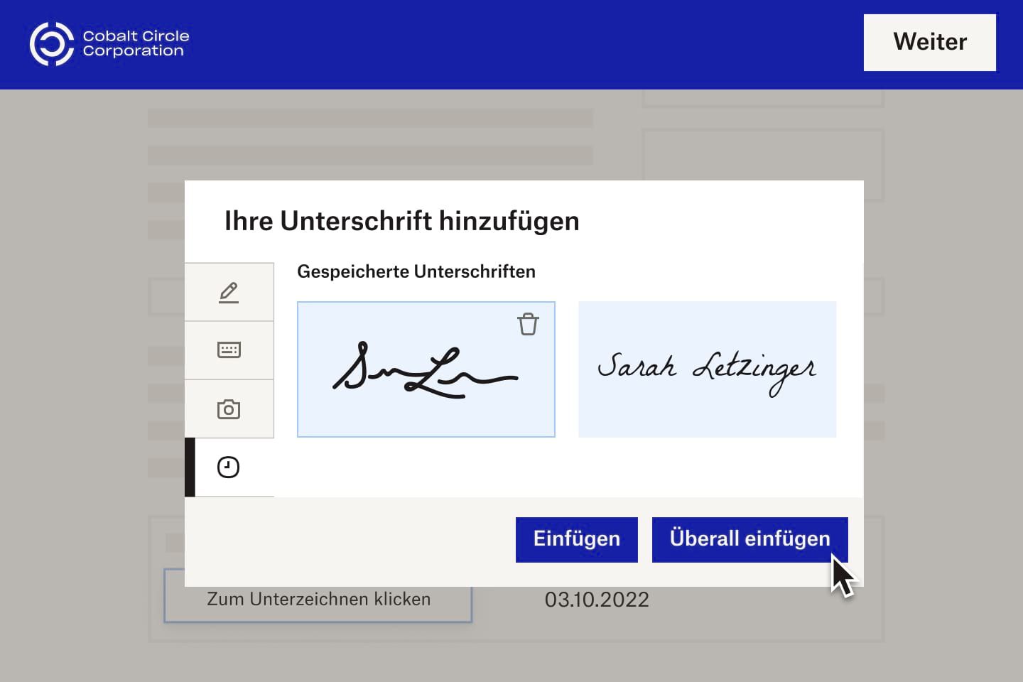 Neuer Mitarbeiter der Cobalt Circle Corporation bei der Unterzeichnung eines digitalen Formulars mit einer E-Signatur.