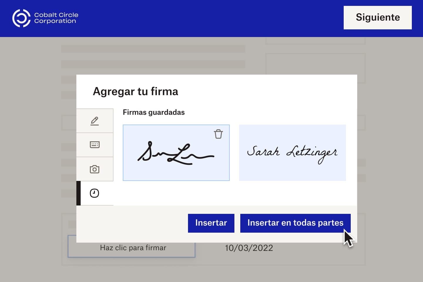 Un nuevo empleado de Cobalt Circle Corporation inserta una firma electrónica en un documento digital.
