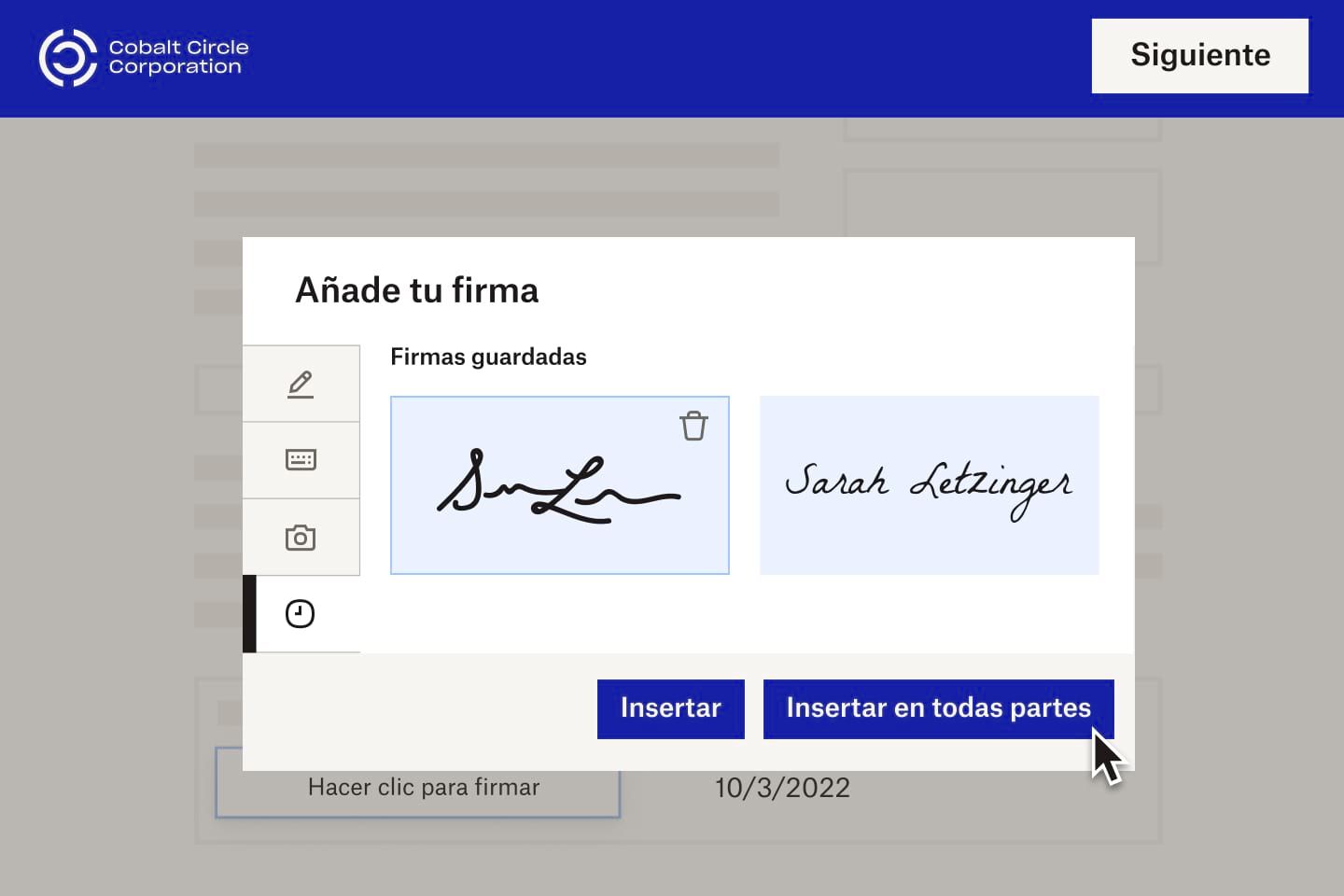 Un nuevo empleado de Cobalt Circle Corporation introduciendo una firma electrónica en un documento digital