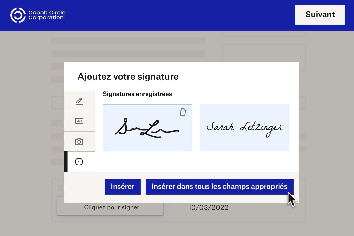 Utilisateur invité à insérer sa signature électronique dans un ou plusieurs champs
