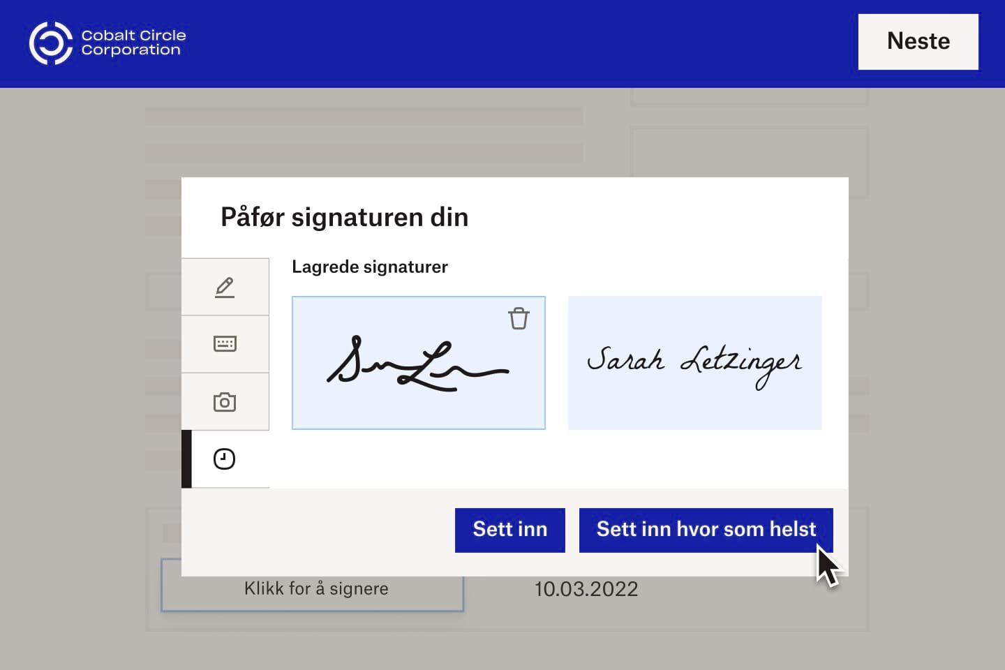 En ny ansatt i Cobalt Circle Corporation setter inn en e-signatur i et digitalt dokument.