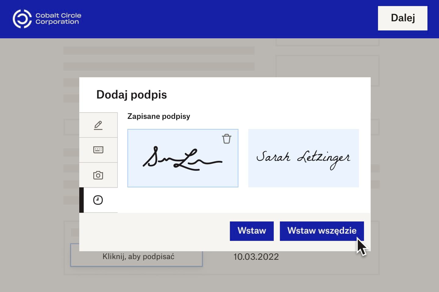 Nowy pracownik Cobalt Circle Corporation składa podpis elektroniczny w dokumencie cyfrowym.