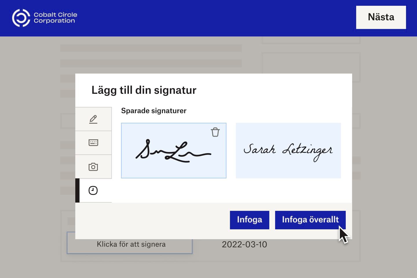 En ny anställd på Cobalt Circle Corporation infogar en e-signatur i ett digitalt dokument.