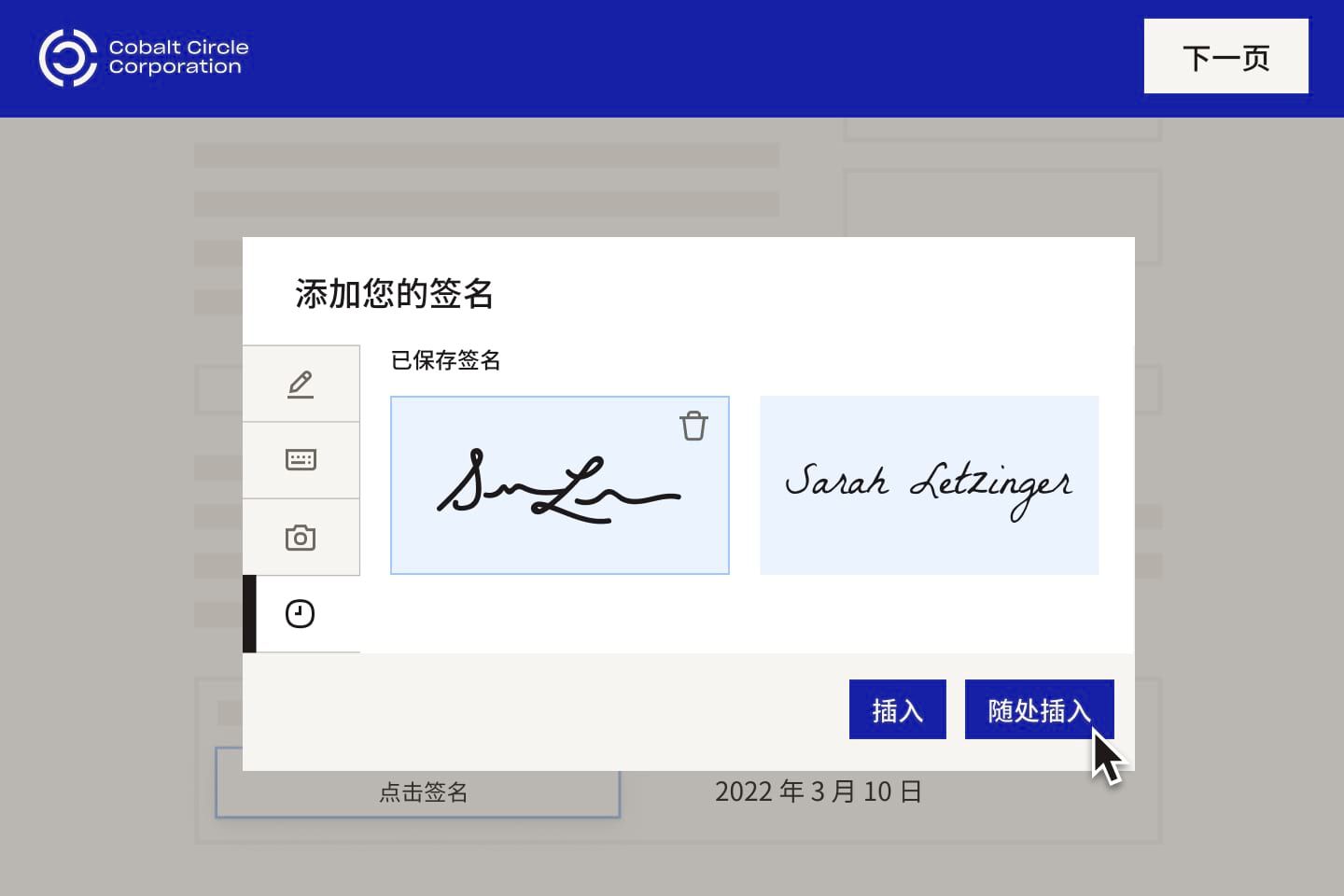 用户可选择将其电子签名插入单个或多个字段中