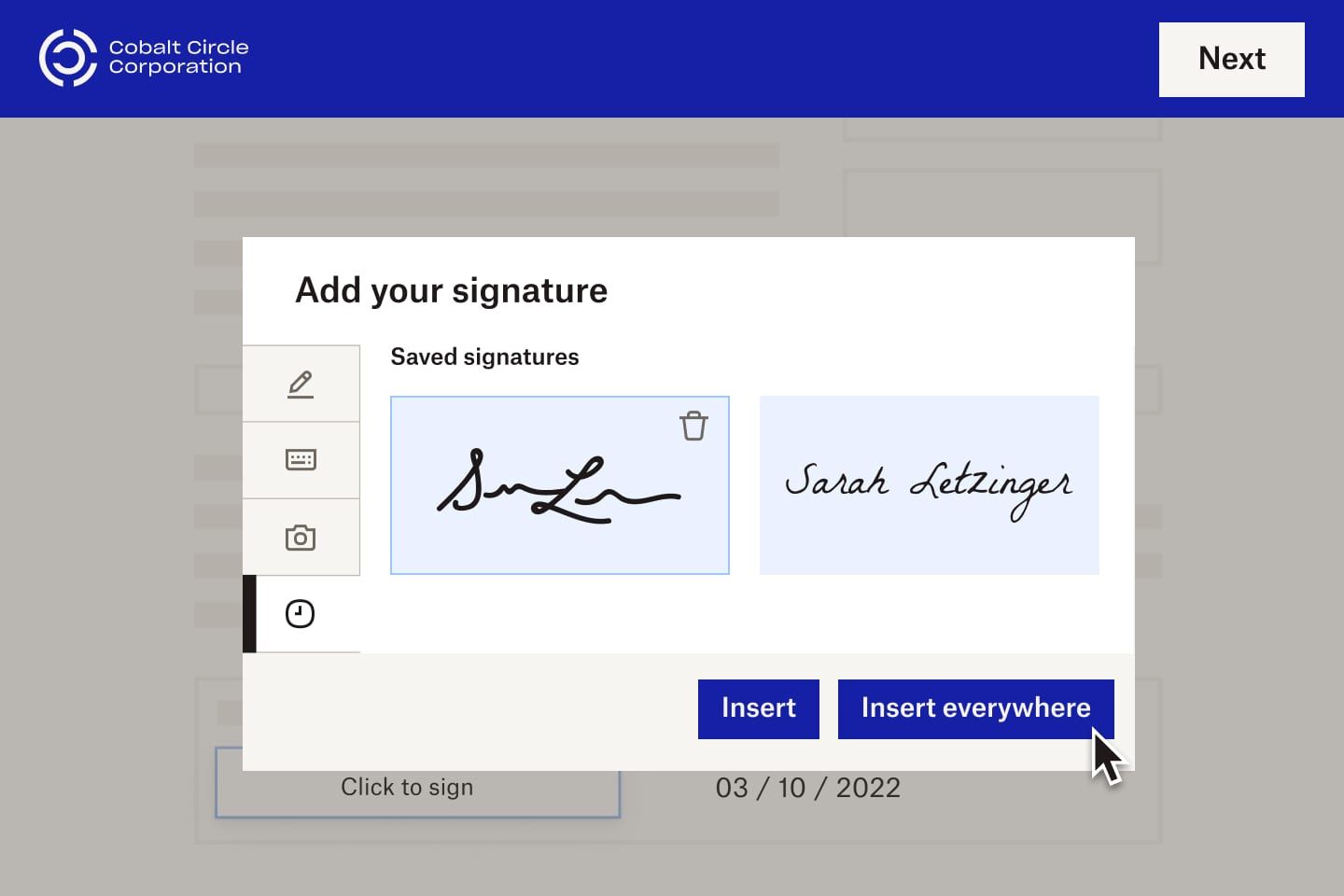 A new employee of Cobalt Circle Corporation inserts an eSignature into a digital document.