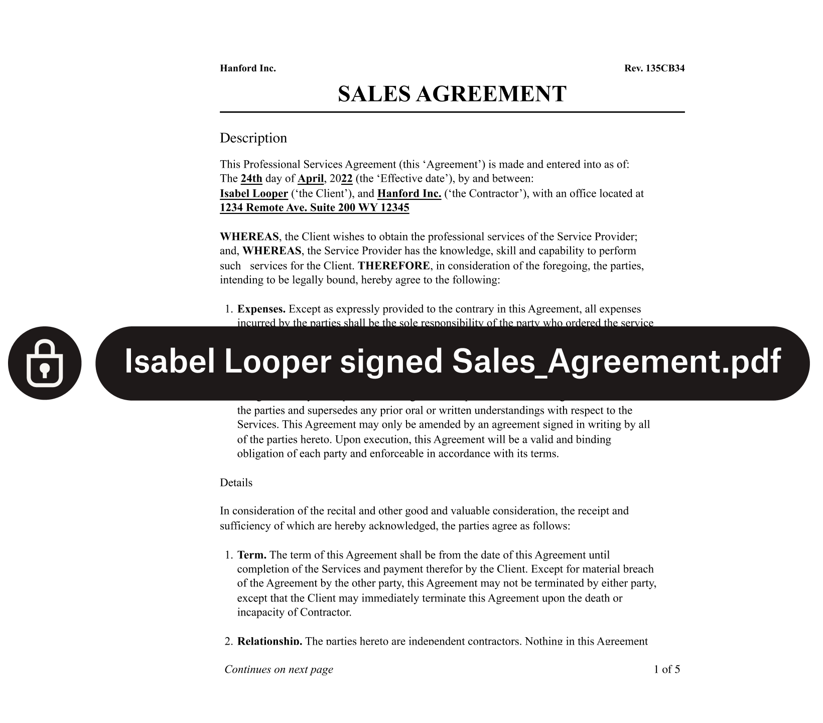 A sales agreement form with security padlock and text