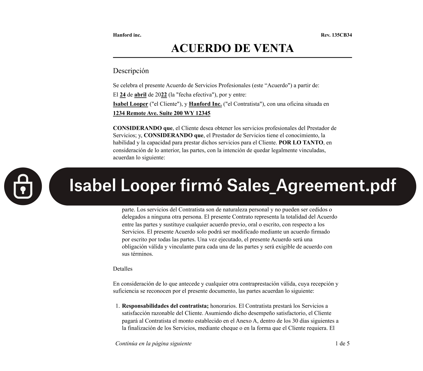 Un formulario de acuerdo de ventas con candado de seguridad y texto