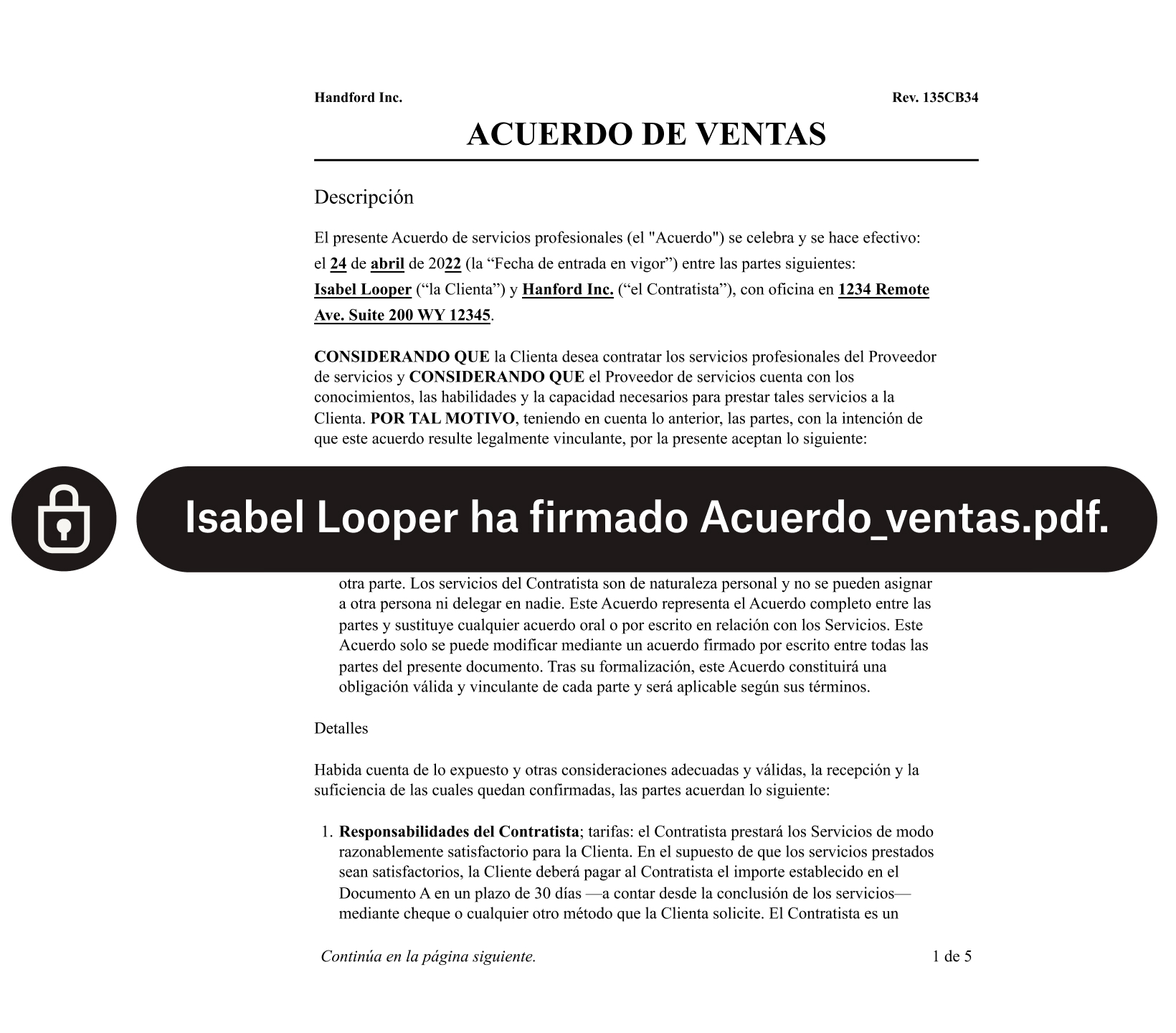 El formulario de un contrato de ventas con candado de seguridad y texto