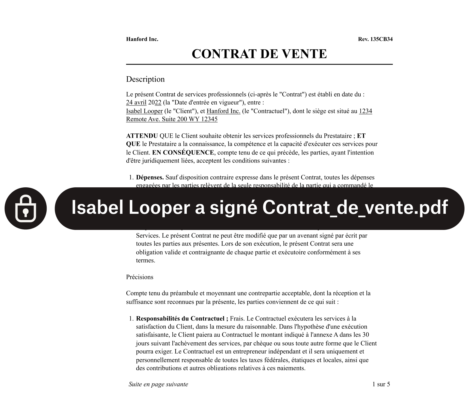 Un formulaire de contrat de vente avec cadenas de sécurité et texte