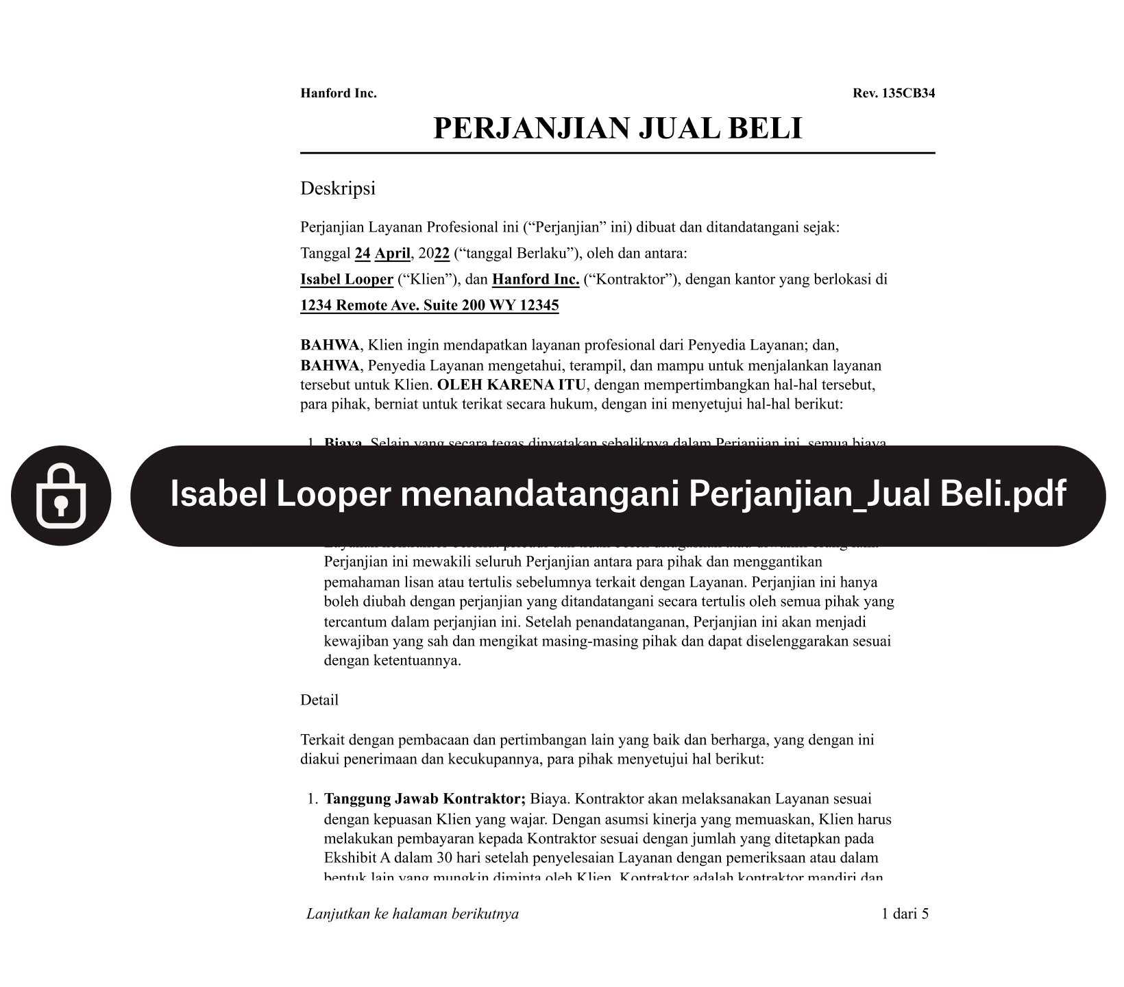 Formulir perjanjian jual beli dengan gembok keamanan dan teks