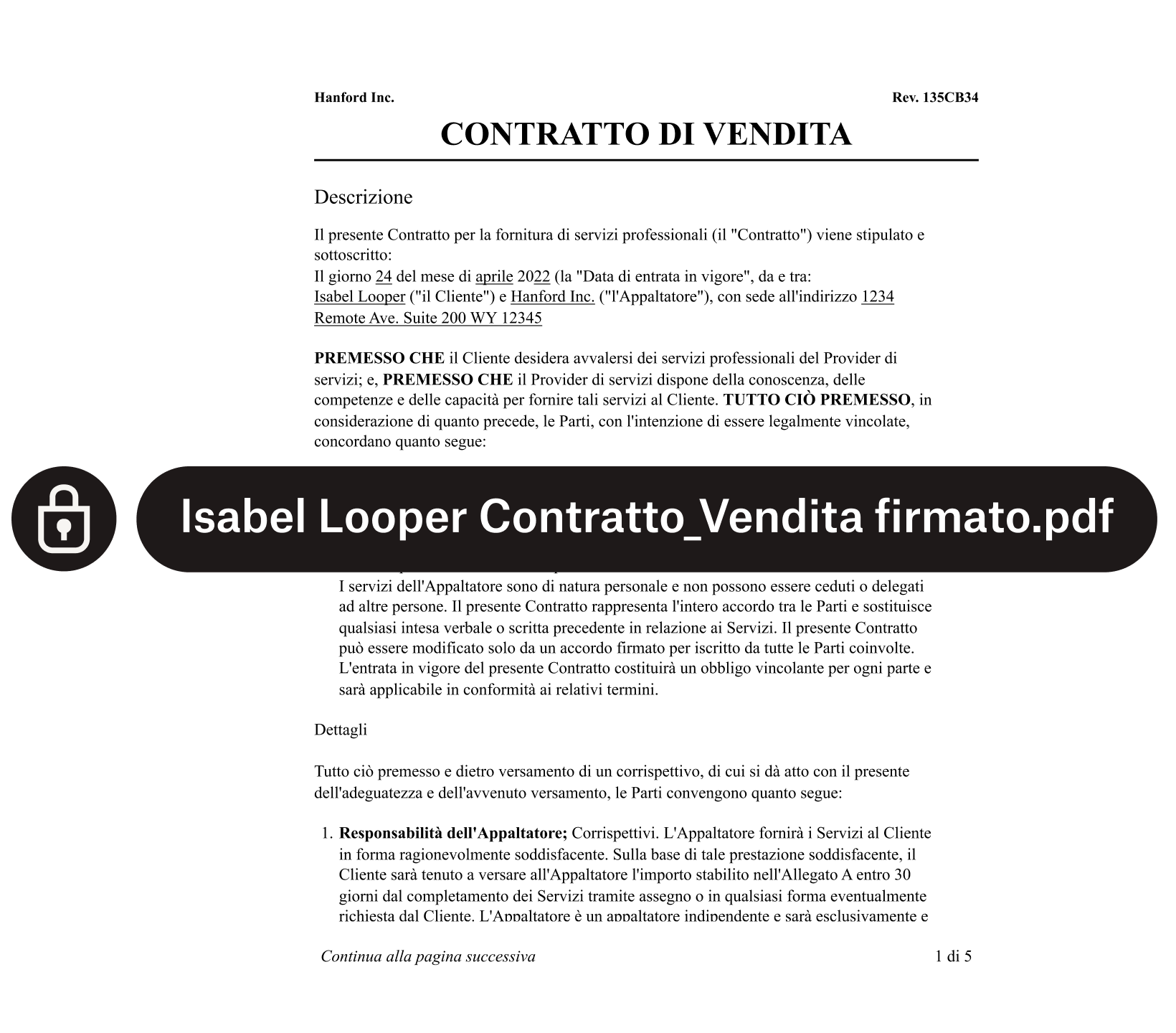 Il modulo di un contratto di vendita con lucchetto di sicurezza e testo