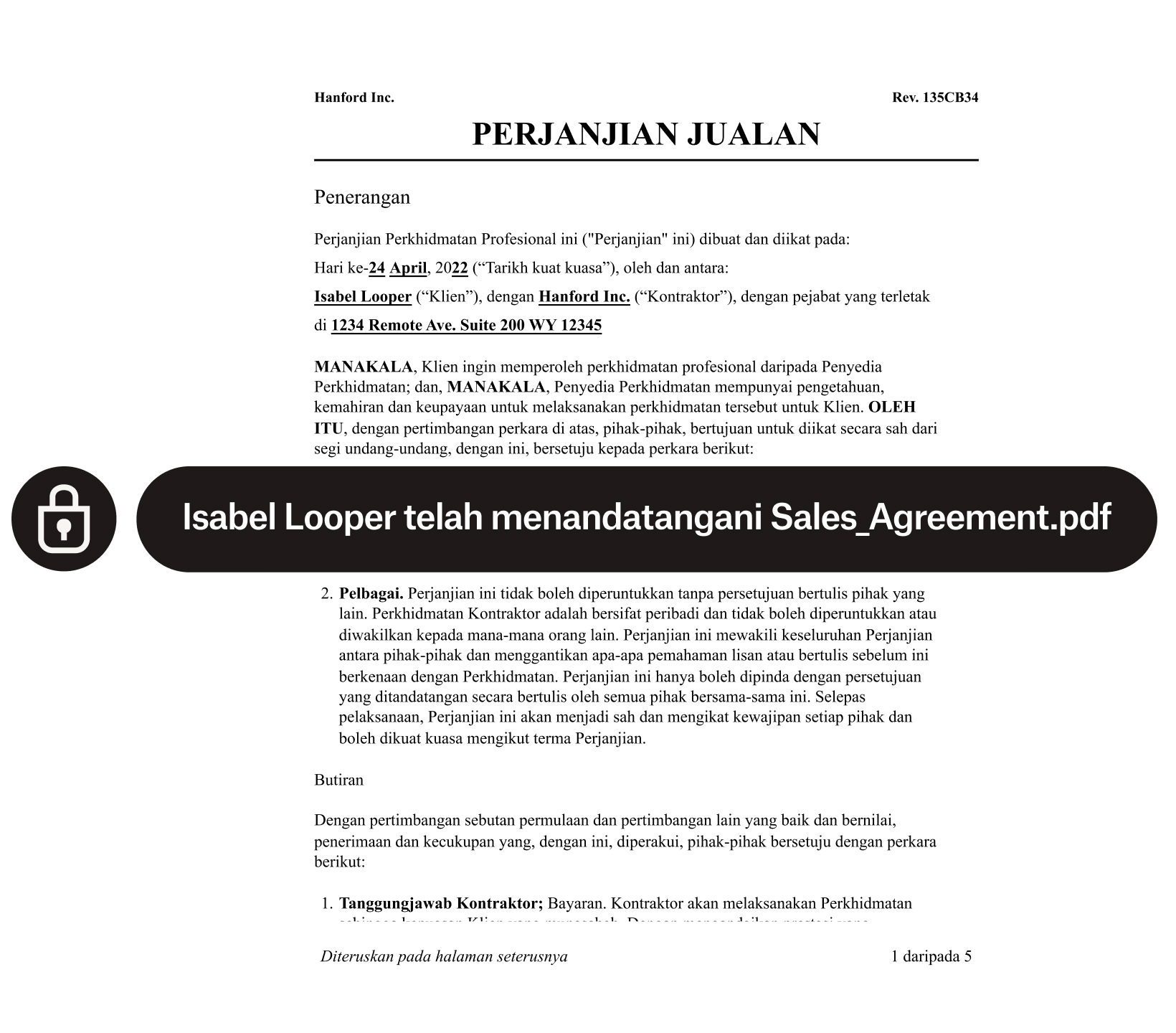 Borang perjanjian jualan dengan mangga kunci keselamatan dan teks