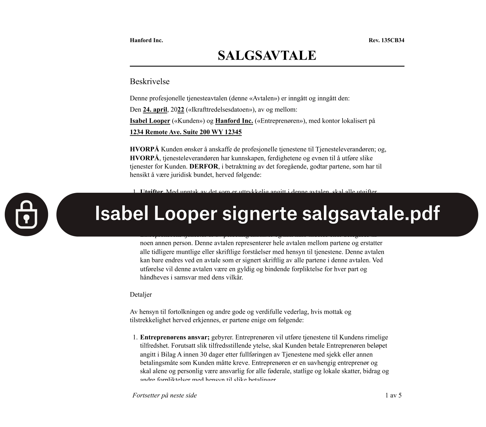 Et salgsavtaleskjema med sikkerhetshengelås og tekst