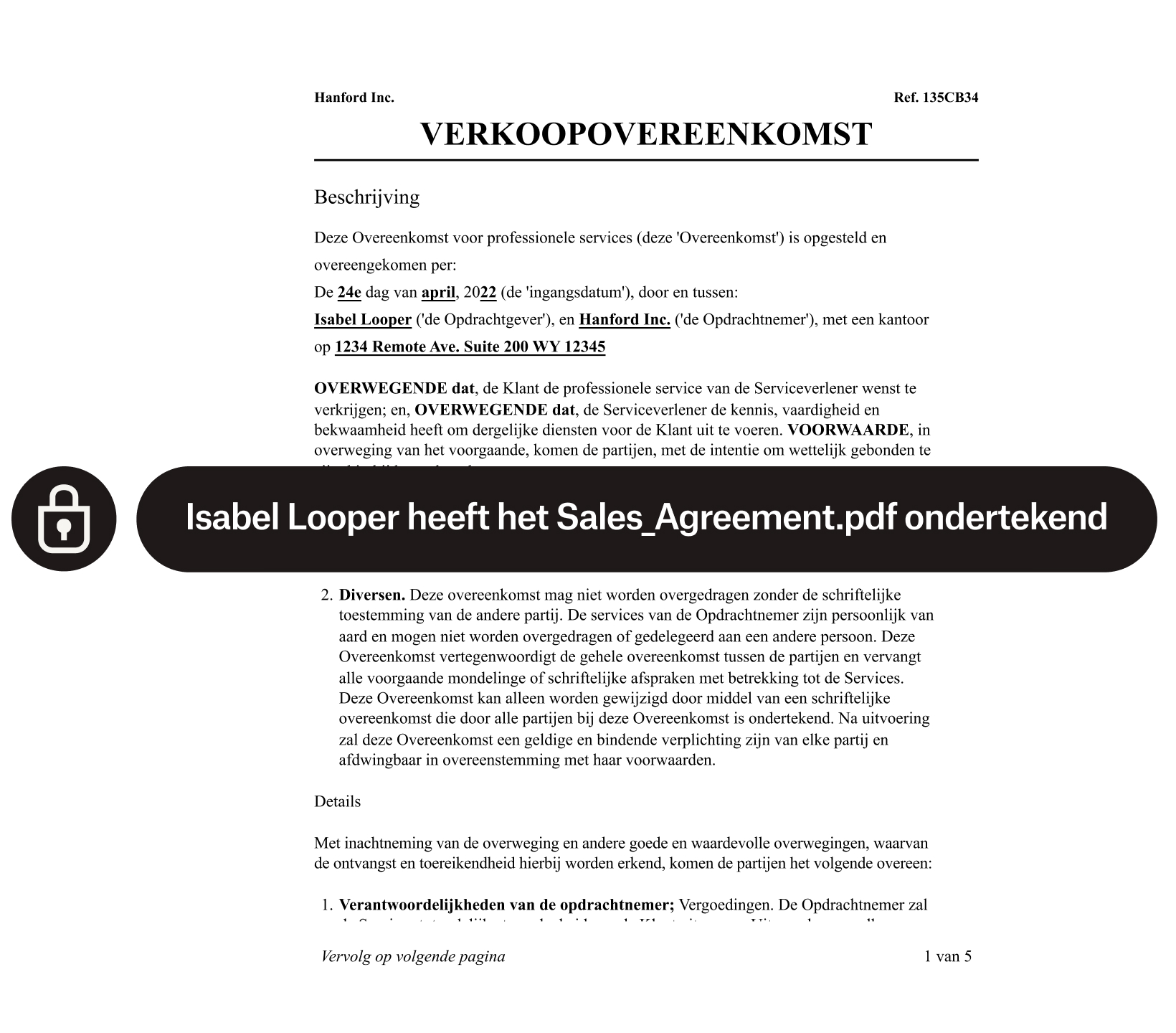 Een formulier voor een verkoopovereenkomst met een slotje en tekst