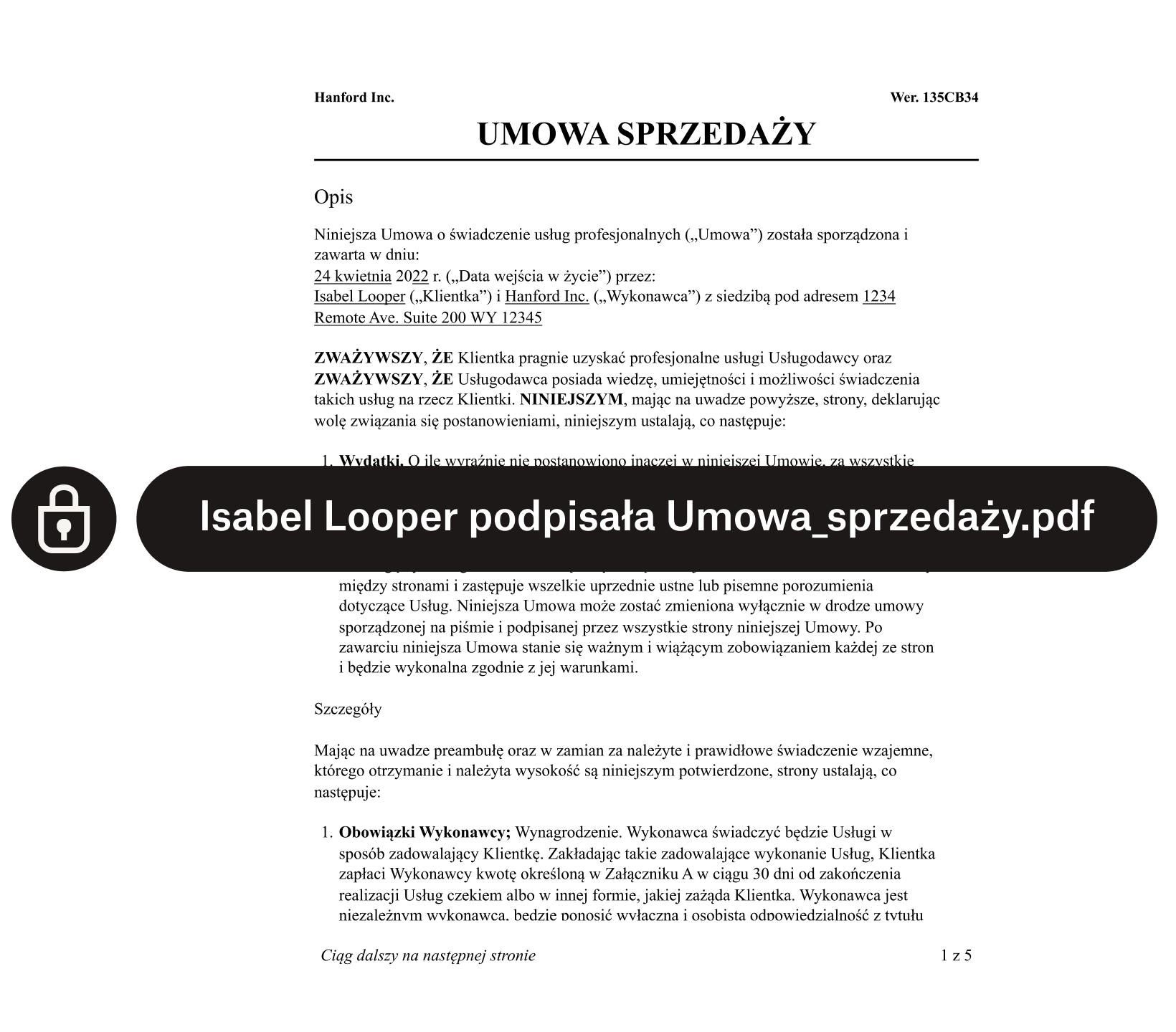 Umowa sprzedaży z kłódką zabezpieczającą i tekstem