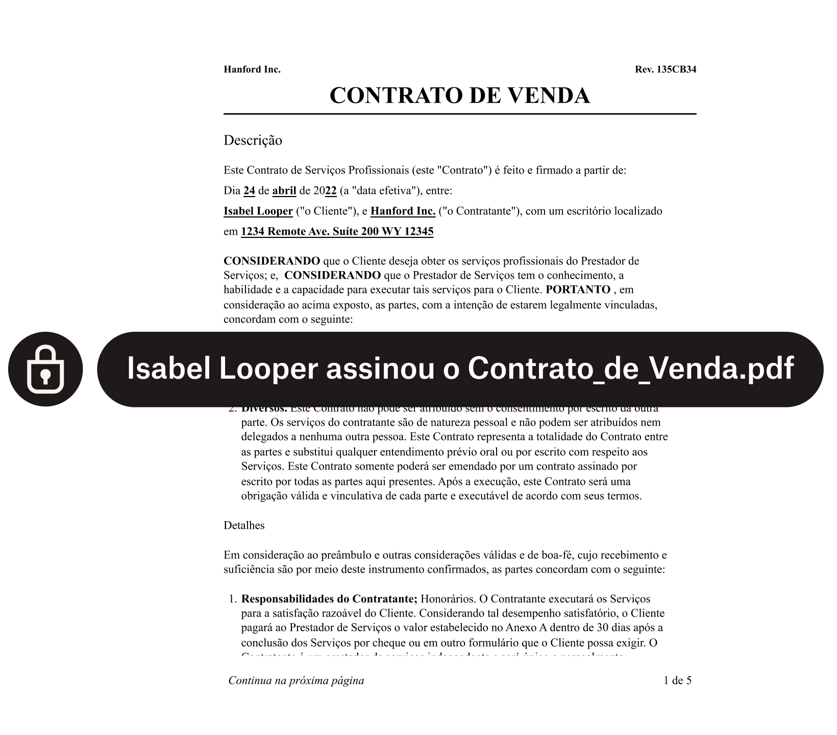 Um formulário de contrato de vendas com cadeado e texto de segurança