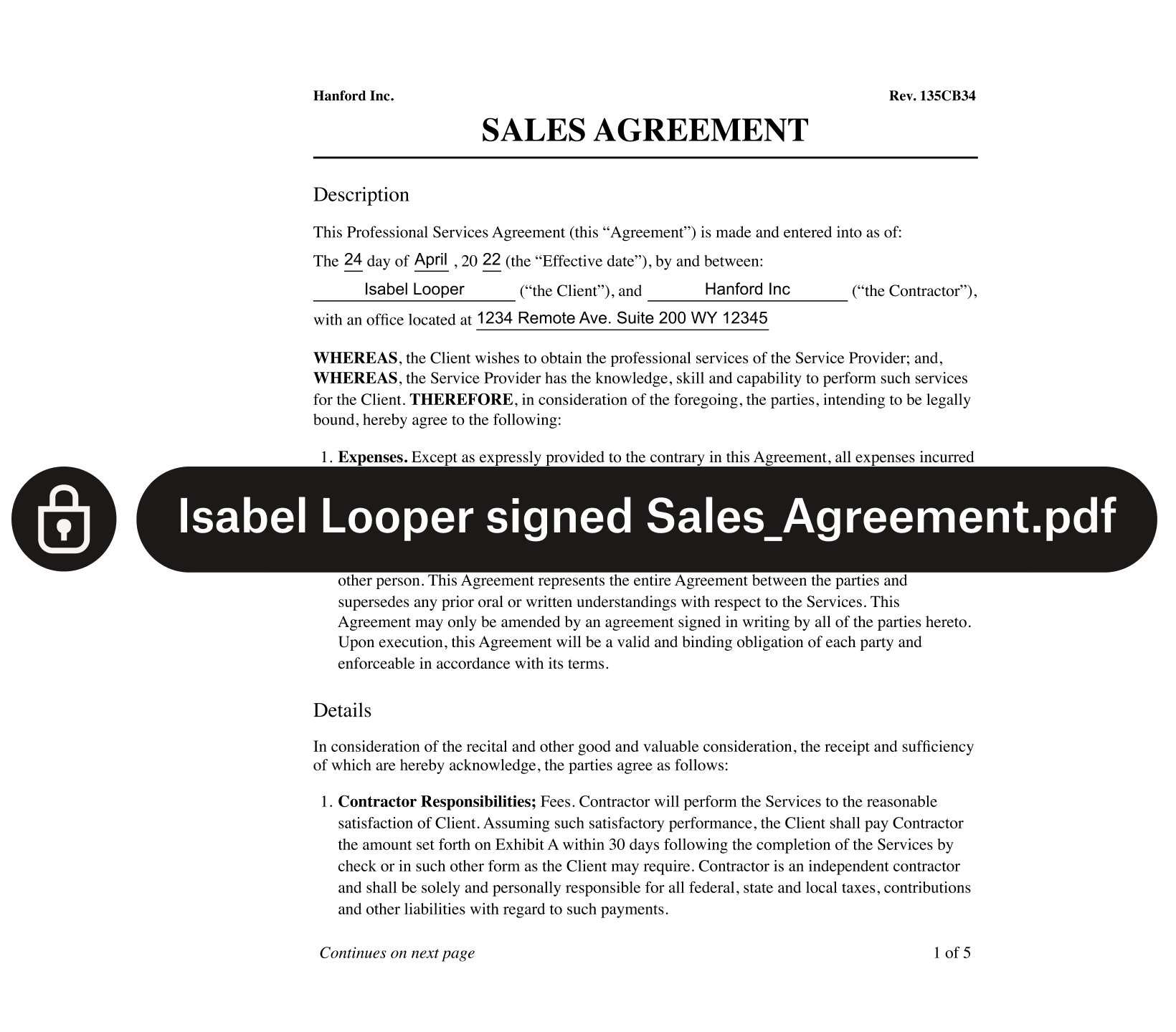 A sales agreement form with security padlock and text