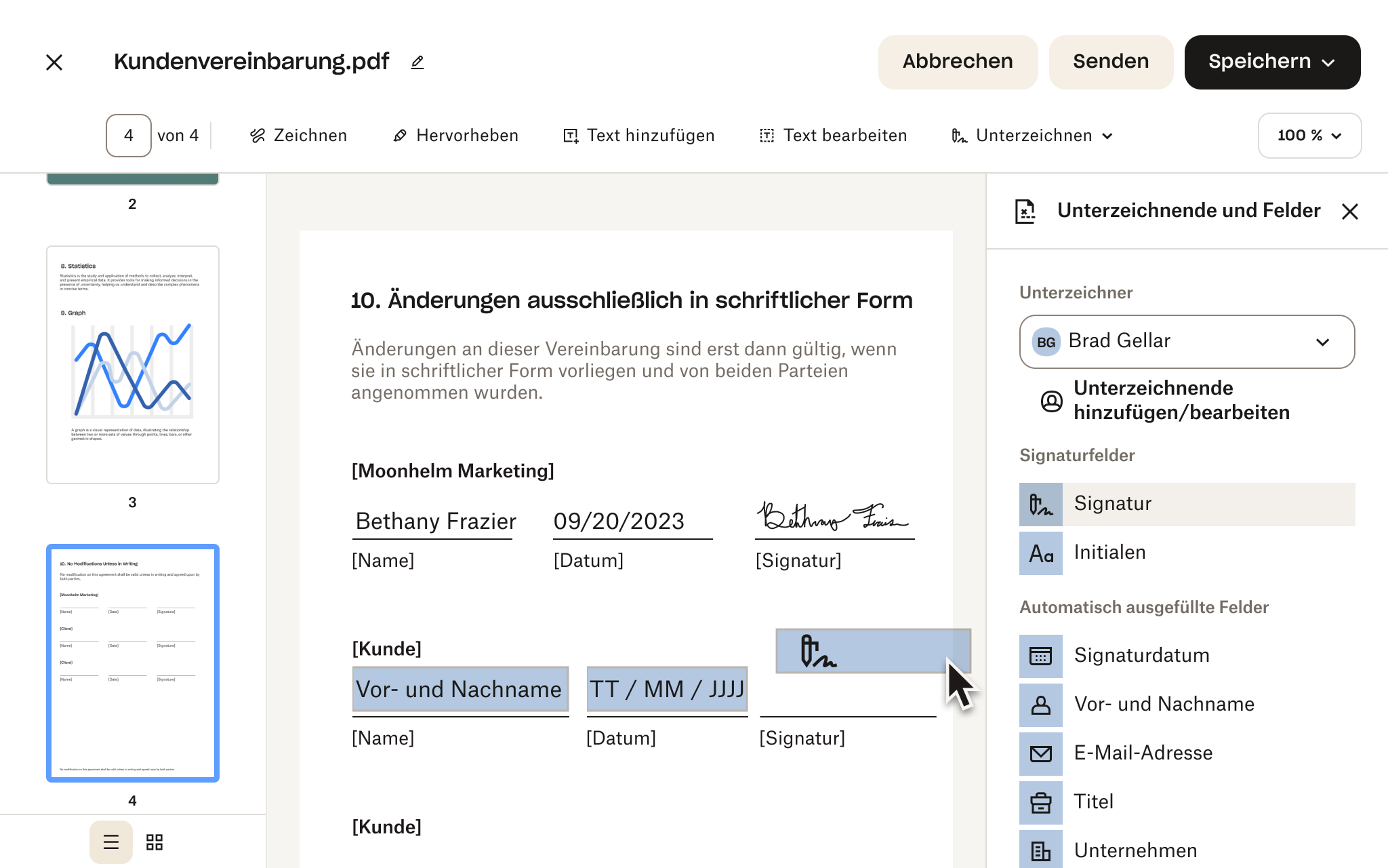 Vorschau einer Datei, der Signaturfelder hinzugefügt wurden.