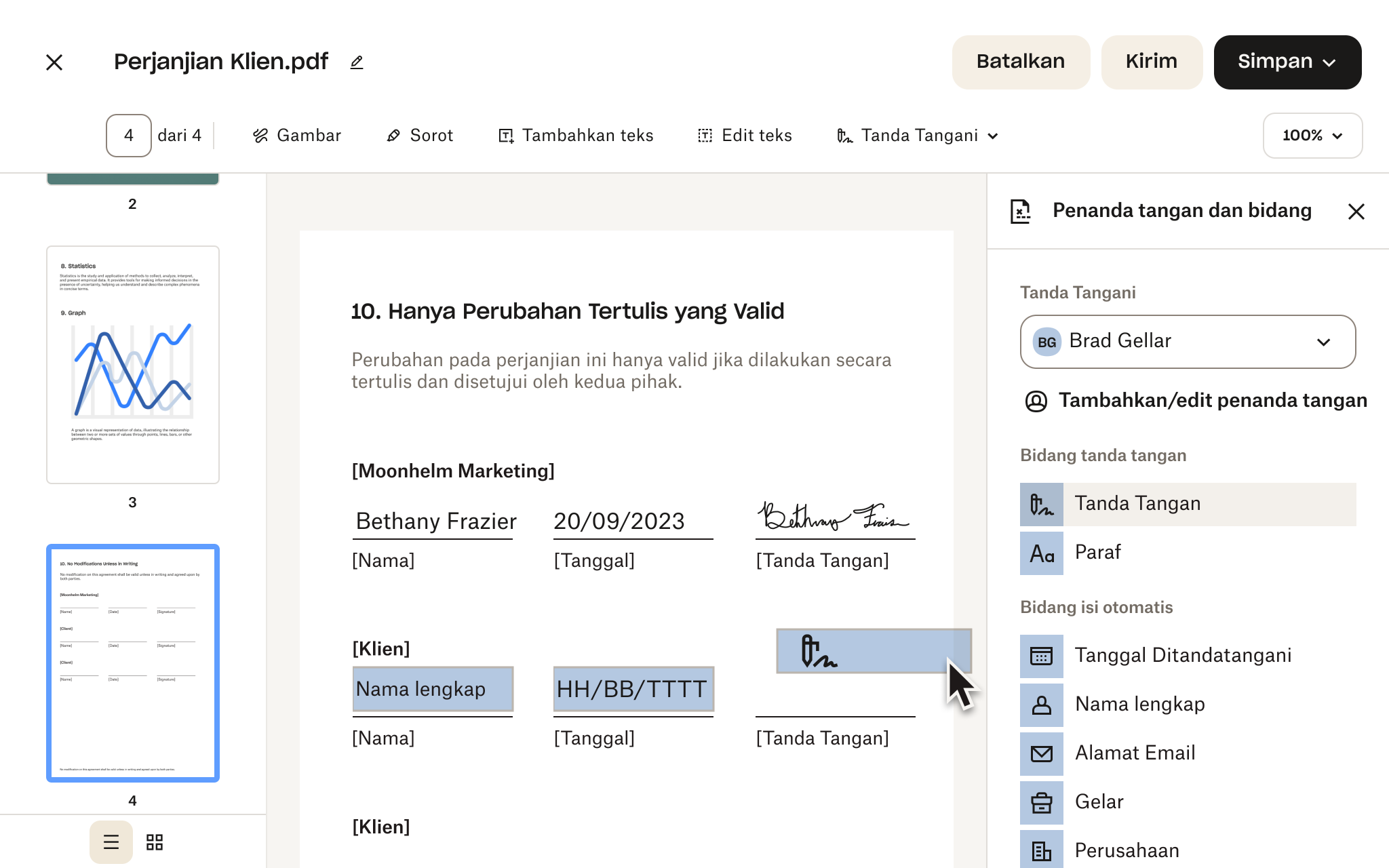 Melakukan pratinjau pada file yang sudah diedit untuk memberikan bagian fitur tambahan untuk ditandatangani.