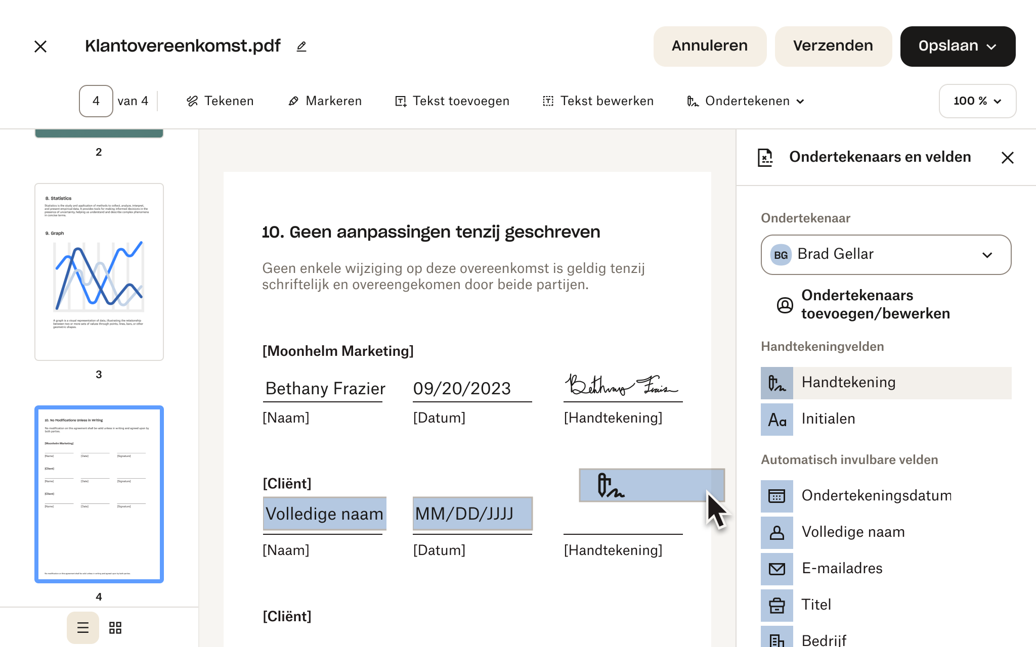 Bekijk een voorbeeld van een bestand dat is bewerkt om handtekeninggedeelten toe te voegen.