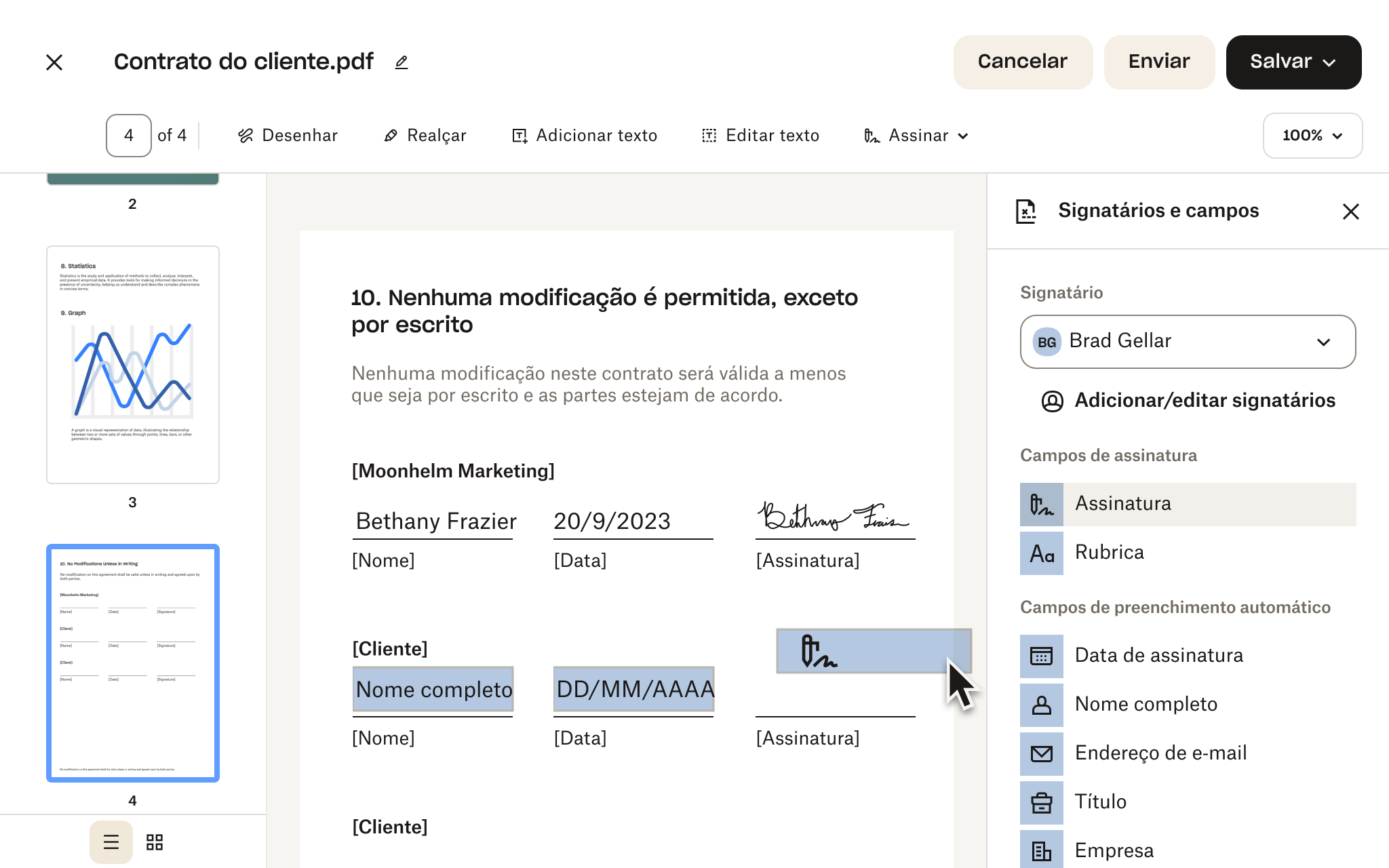 Visualize previamente um arquivo que foi editado para incluir as seções de assinatura.