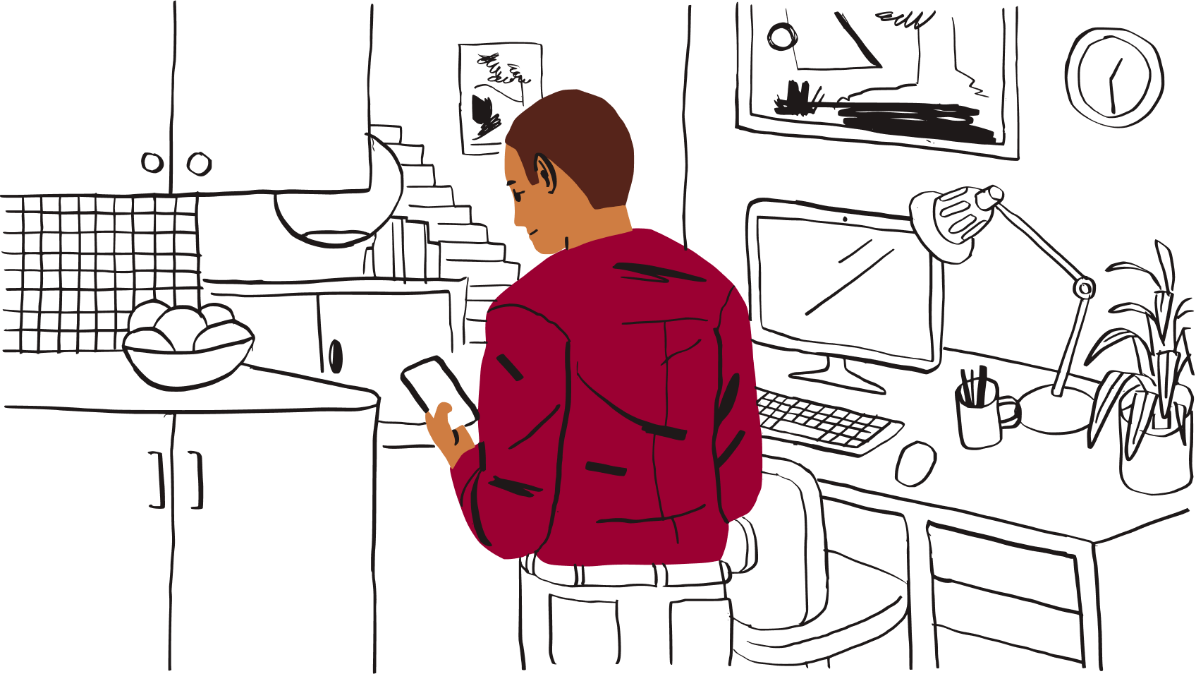 An illustration of a person with multiple devices checking their phone, they look reassured.