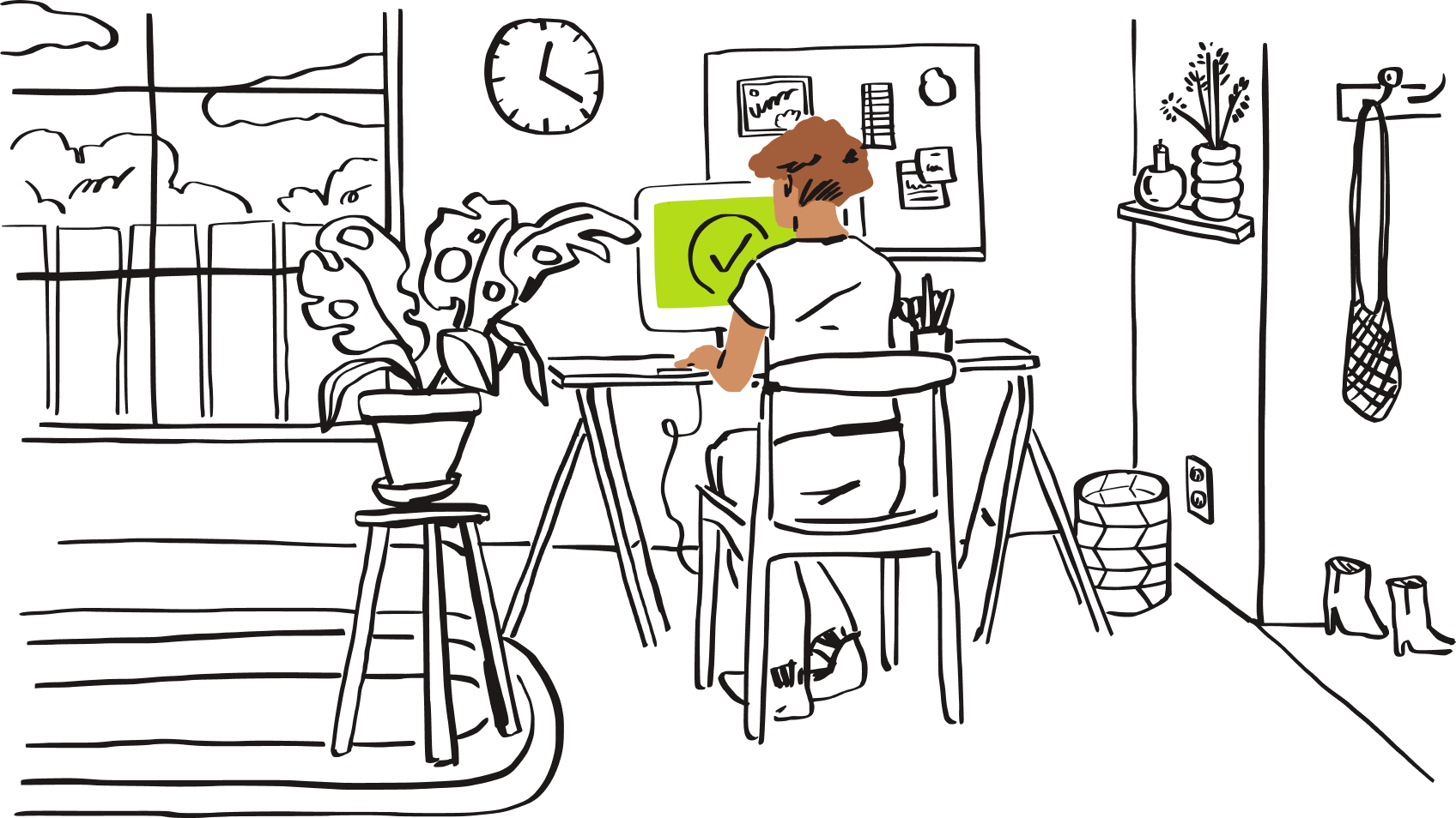 Illustration einer Person, die an einem Computer sitzt und auf deren Bildschirm ein grünes Häkchen angezeigt wird.