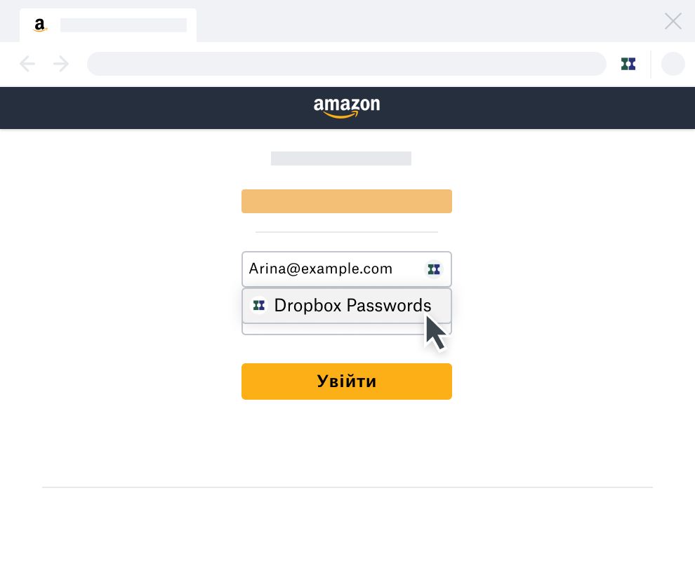 Функція автозаповнення Dropbox Passwords на сторінці входу в обліковку Amazon
