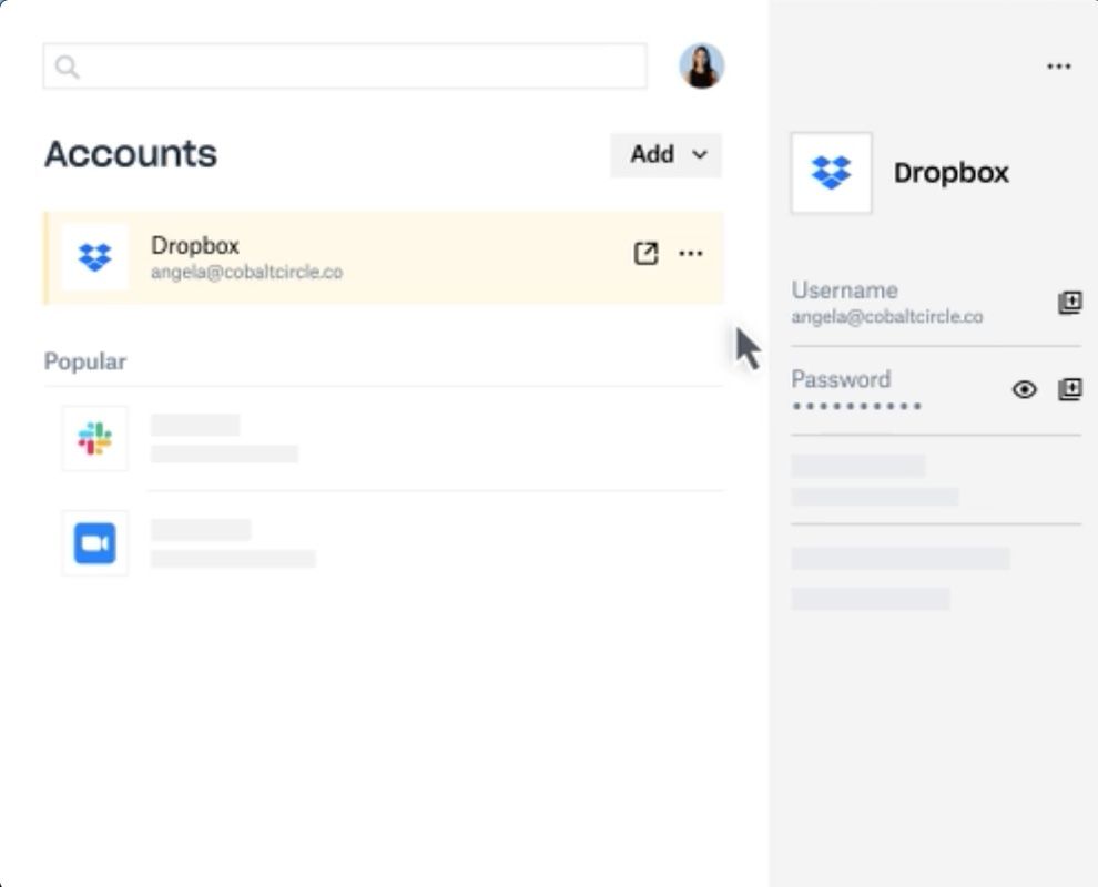 Amazon 계정 정보를 Dropbox 계정에 저장하는 Dropbox 비밀번호 관리 도구 팝업 화면