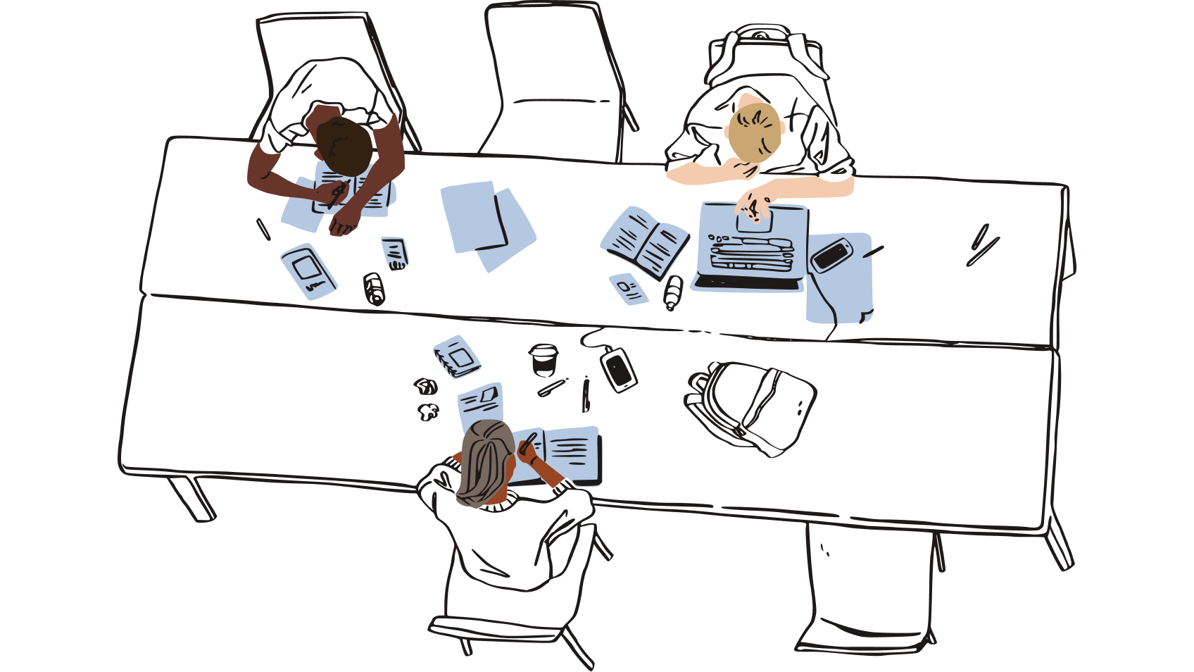 Ilustração de um grupo de pessoas sentadas em um espaço de trabalho compartilhado, cercado por pedaços de papel, representando o risco de deixar cópias físicas de senhas perto de sua mesa.