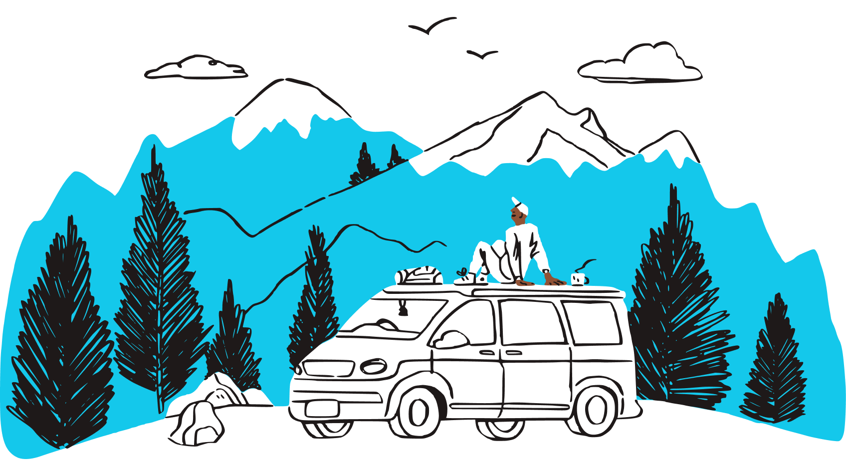 Ilustrasi seseorang duduk di atas bumbung sebuah kenderaan, mengagumi pemandangan banjaran gunung.