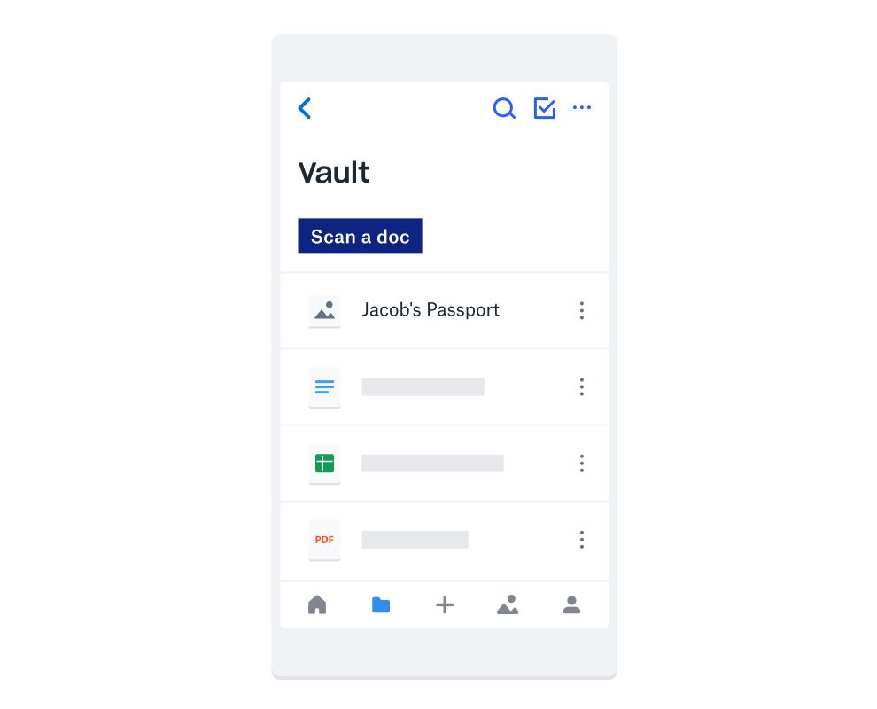 The mobile interface for Dropbox Vault that includes a blue button labelled ‘scan a document’ and several different file types that are saved in the Vault.