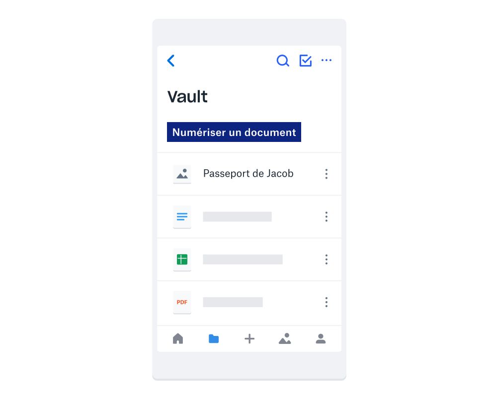Interface mobile de Dropbox Vault, avec un bouton bleu intitulé “Numériser un document” et plusieurs types de fichiers enregistrés dans le coffre‑fort.