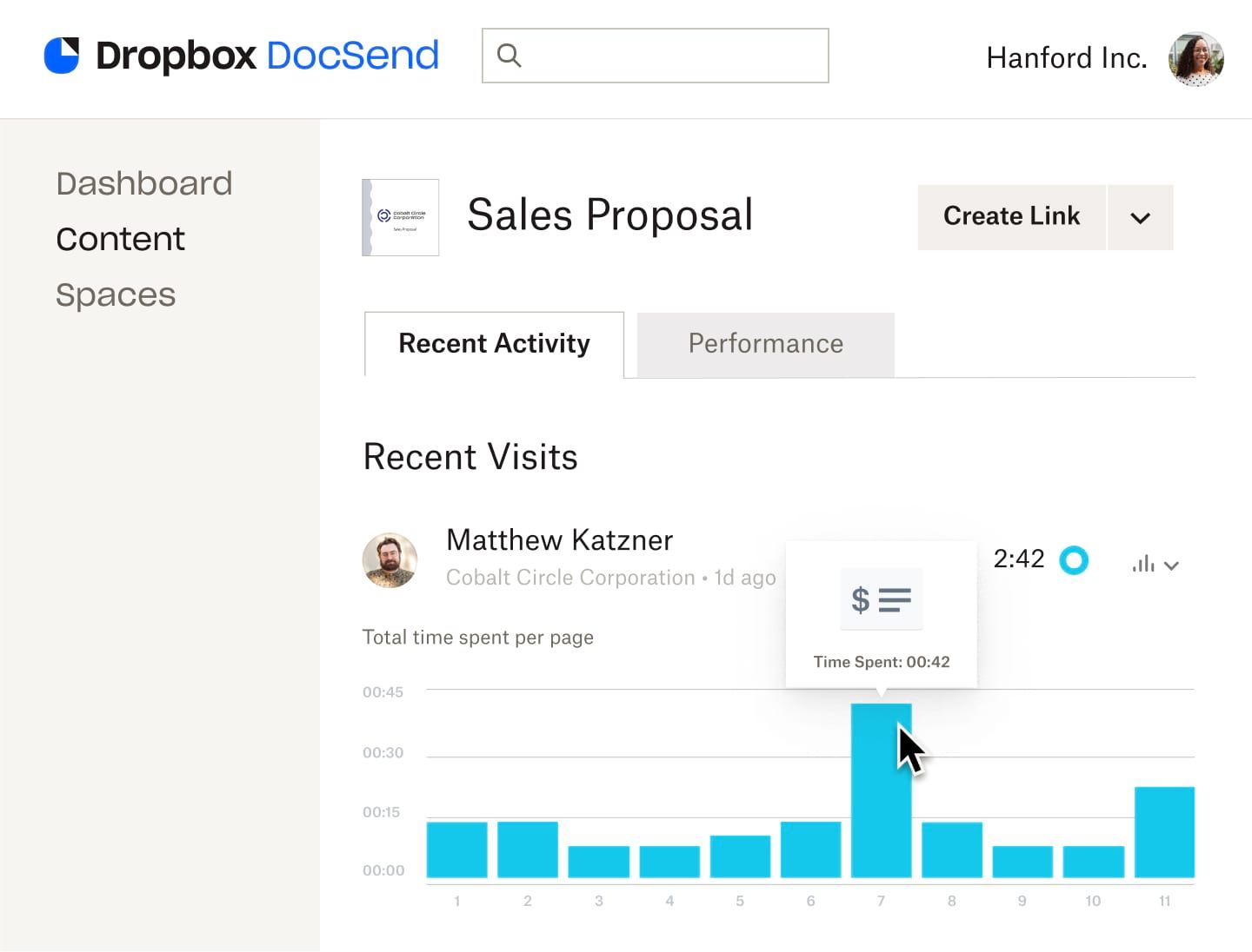A blue bar graph that shows time spent per page with the page numbers on the x axis