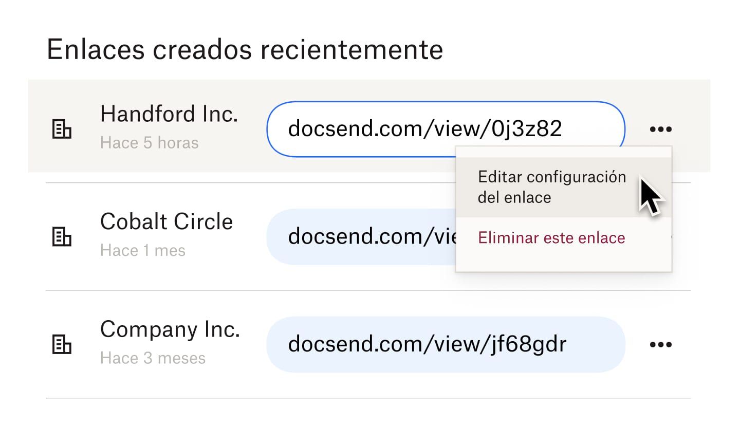 Usuario seleccionado la opción de configuración del enlace de edición de un archivo que se ha creado recientemente