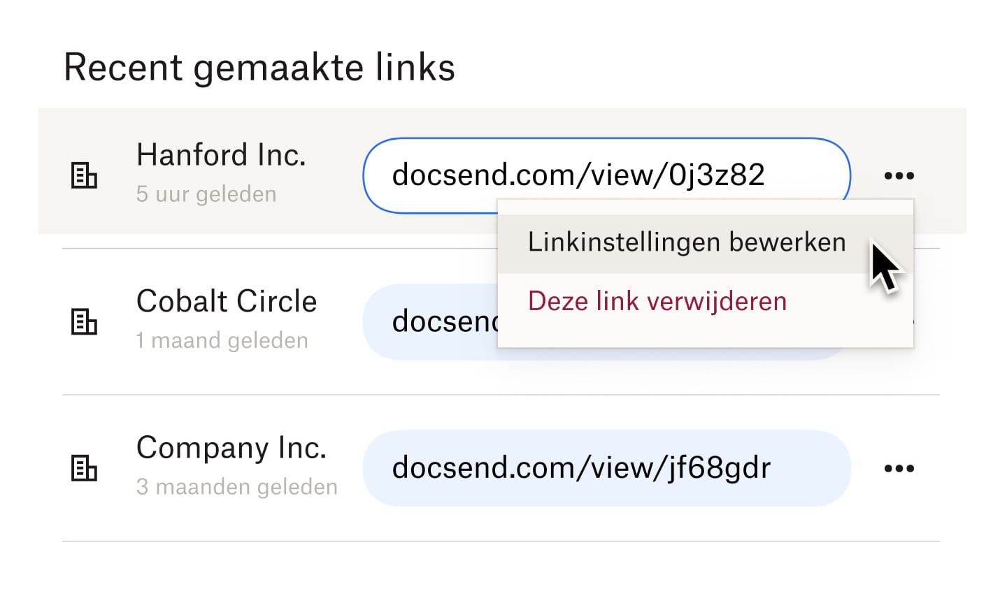 Een gebruiker die de optie 'instellingen bewerkingslink' selecteert voor een link naar een bestand dat onlangs gemaakt werd