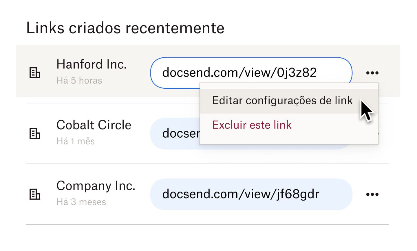 Um usuário selecionando a opção &quot;editar configuração de link&quot; de um link para um arquivo que foi criado recentemente