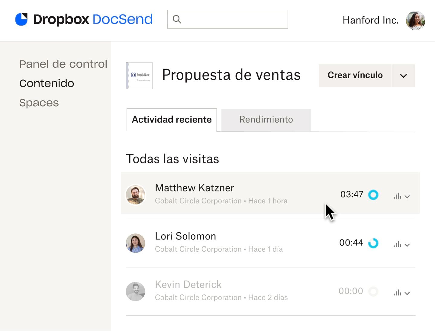 La pestaña Actividad reciente en DocSend que muestra una lista de personas que han visto la presentación de propuestas de ventas, con la cantidad de tiempo que cada una pasó en la presentación