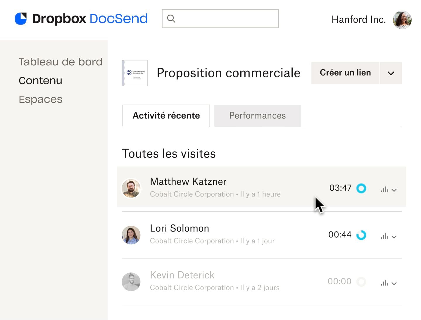 L’onglet &quot;Activité récente&quot; de DocSend montrant la liste des personnes ayant consulté la présentation de la proposition de vente, avec la durée passée dans la présentation