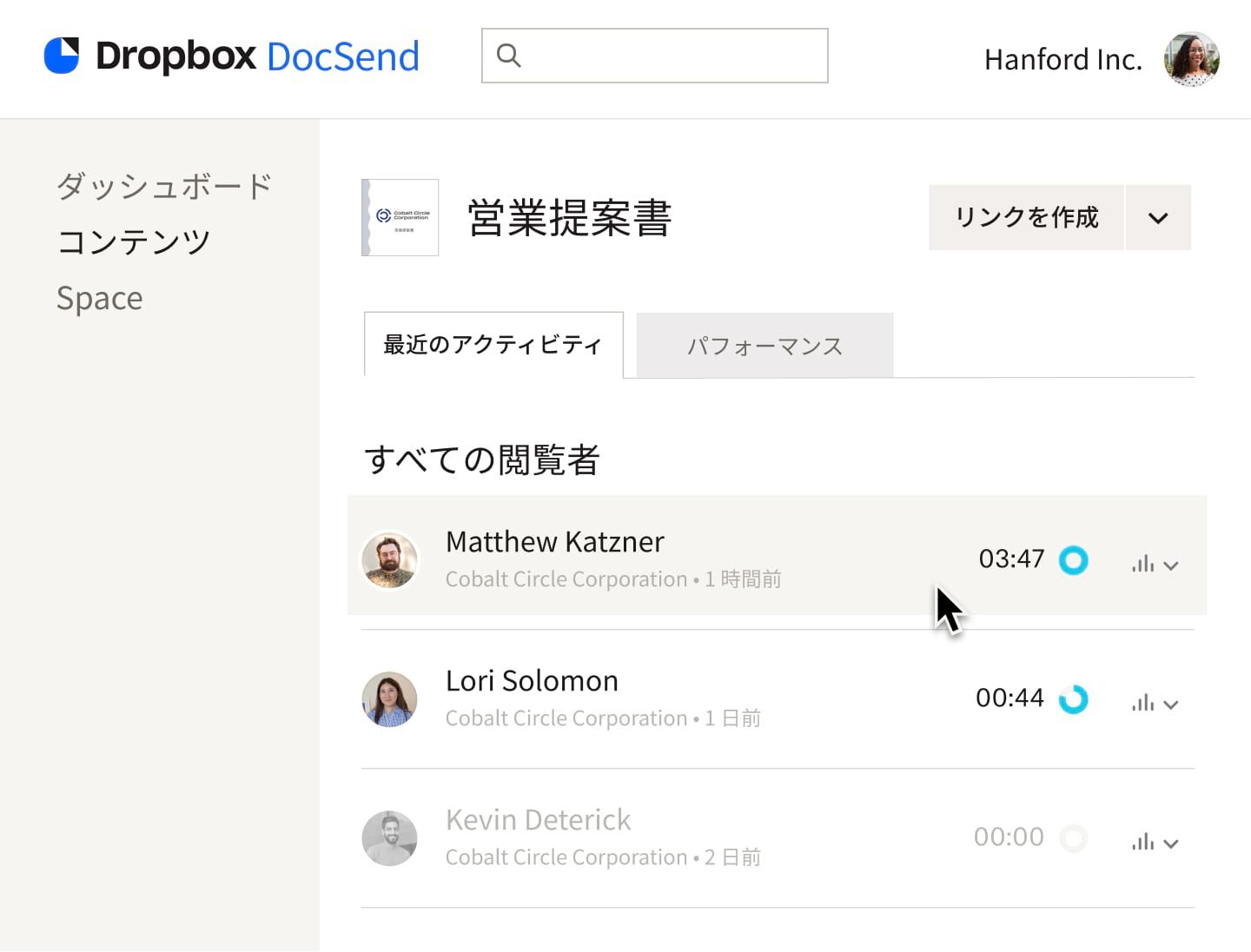 DocSend の「最近のアクティビティ」タブ。営業提案書のプレゼン資料を閲覧した人と、それぞれがプレゼン資料を閲覧した時間を示したリストを表示