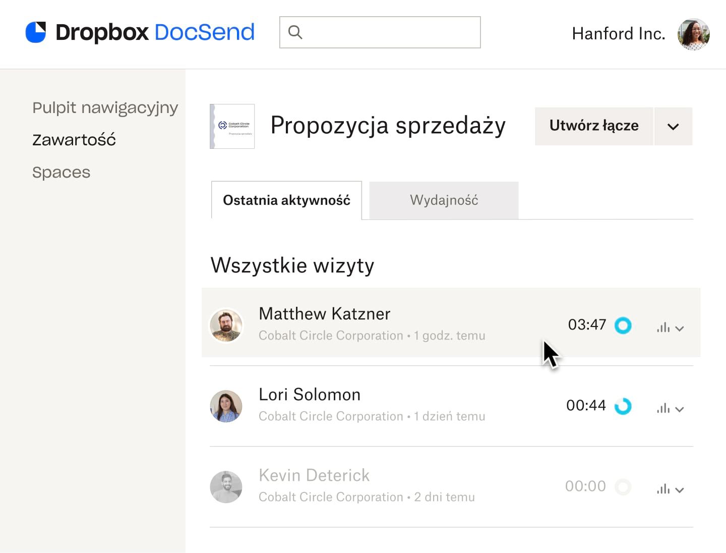 Karta „Ostatnia aktywność” w PrześlijDokument zawierająca listę osób, które wyświetliły prezentację z ofertą sprzedaży, oraz informacje o czasie przeznaczonym na przeglądanie prezentacji przez poszczególne osoby