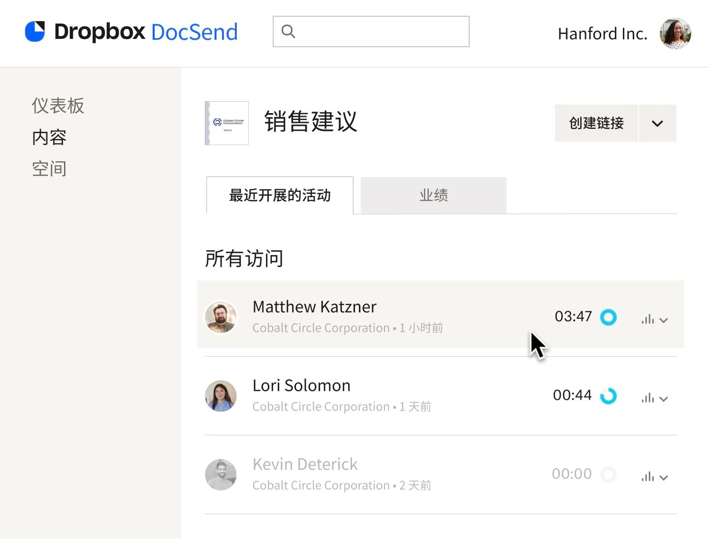 DocSend 中的“最近活动”选项卡显示的是已查看销售建议演示文稿的人员列表，及其每个人在演示文稿中花费的时间