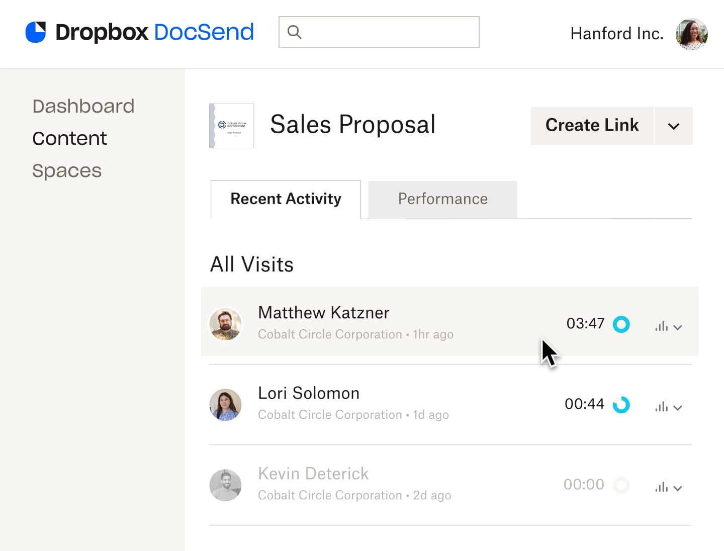 The ‘Recent Activity’ tab in DocSend that shows a list of people who have viewed the sales proposal deck, with the amount of time they each spent in the deck
